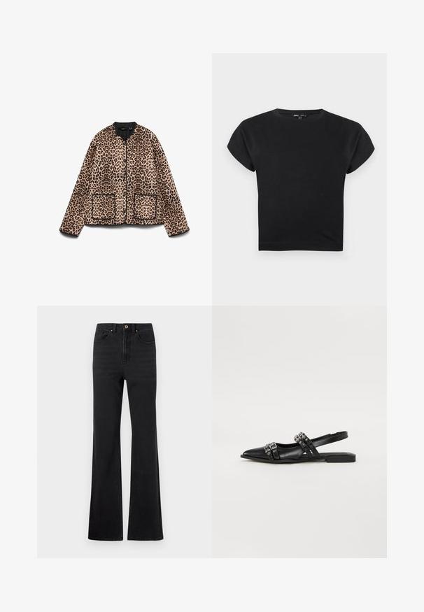 Veste à imprimé léopard avec un col rond, des bordures noires et deux poches avant. Le tissu semble doux avec une texture ressemblant à de la fourrure.; Crop top noir à manches courtes avec un col rond, des épaules légèrement étendues et une coupe ajustée sur fond blanc.; Jeans en denim noir taille haute avec bouton avant, passants de ceinture et jambes légèrement évasées sur fond blanc.; Even&Odd by Zalando Ballerines à brides arrière - black