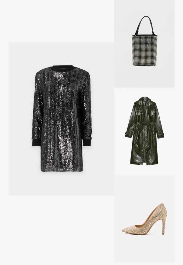 Abrigo trench de piel sintética verde largo con textura de cocodrilo, cintura ceñida, solapas anchas y mangas enrollables. Diseño elegante con acabado brillante.; Vestido negro de lentejuelas con mangas largas, escote redondo y puños negros en contraste. Presenta patrones de lentejuelas verticales para dar textura.; MICHAEL Michael Kors ALINA FLEX - Tacones - pale gold; Bolso de mano negro cubierto de tachuelas rectangulares plateadas, con dos asas negras y una forma rectangular estructurada. Base sólida.