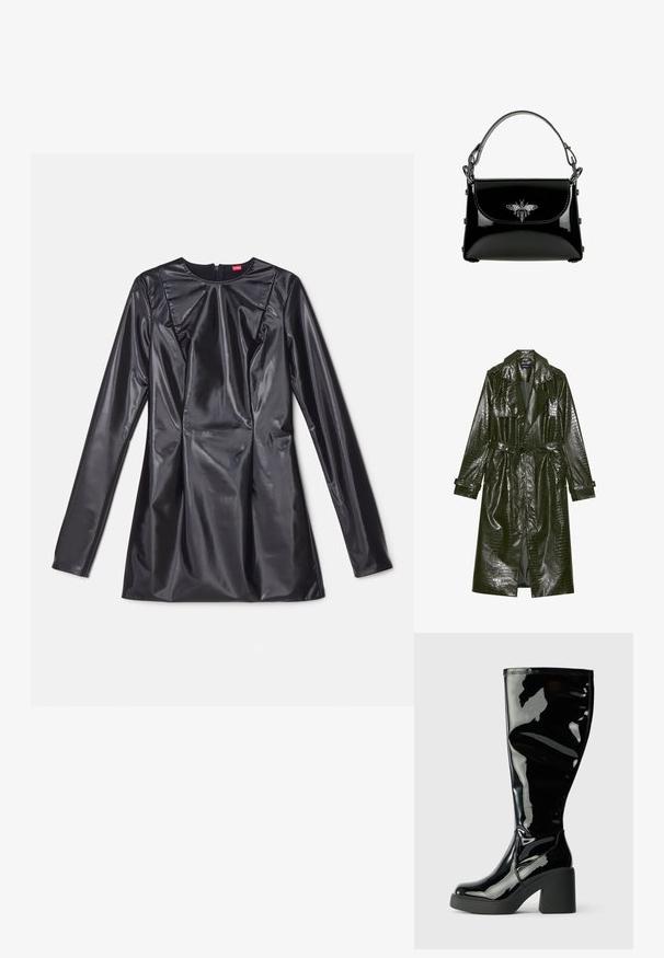 Lang grøn faux læder trench coat med krokodille tekstur, bælte i taljen, brede klapper og op rullede ærmer. Stilfuldt design med glansfinishing.; 032c TRAPEZE TOO TIGHT MINI DRESS - Cocktailkjole / festkjole - black luster; Klassiske knæhøje støvler i sort patentlæder med en glat, skinnende overflade, firkantede tåspidser og kraftige sorte hæle. Søm detaljer langs siden.; Sort laklæderhåndtaske med en øverste hank og en sølvbi-pynt på frontklappen.