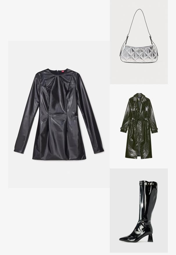 Abrigo trench de piel sintética verde largo con textura de cocodrilo, cintura ceñida, solapas anchas y mangas enrollables. Diseño elegante con acabado brillante.; 032c TRAPEZE TOO TIGHT MINI DRESS - Vestido de cóctel - black luster; Bota de charol negra hasta la rodilla con puntera afilada, tacón geométrico y acabado brillante, con un acento de botón decorativo en la parte superior.; Bolso de hombro plateado metálico con un diseño acolchado, textura suave y correa negra ajustable. Presenta un pequeño detalle del logo en la parte frontal.