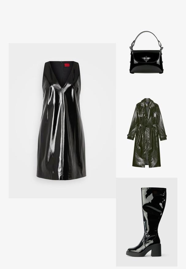 Pikk roheline kunstnahast trench coat krokodillimustriga, vöödiga taljes, laiad kraed ja üleskeeratavad varrukad. Stiliseeritud disain läikiva viimistlusega.; Must mustripp, millel on V-kaelus ja läikiv, peegeldav pind; keskosas on lukuga ja minimalistlik kujundus.; Säärte kohale ulatuvad mustad lakknahast saapad, millel on siledat ja läikivat pinda, ruudukujulised varbad ja jämedad mustad kontsad. Ääristamisdetailid külgedel.; Mustast läikivast nahast käekott, millel on pealt käepide ja esiklapil hõbedane mesilase kaunistus.