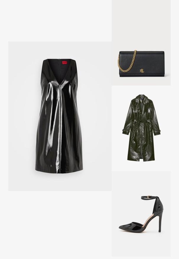 Lang grøn faux læder trench coat med krokodille tekstur, bælte i taljen, brede klapper og op rullede ærmer. Stilfuldt design med glansfinishing.; Sort, ærmeløs kjole med V-udskæring og blank, reflekterende overflade; har en central lynlås og minimalistisk design.; Sorte patentlæder højhælede sko med spids tå, ankelrem og slank stiletthæl. Glat tekstur med skinnende finish.; Sort læderpung med en guld kædestrop, der har et guld logo foran. Minimalistisk design med en glat overflade og slank form.