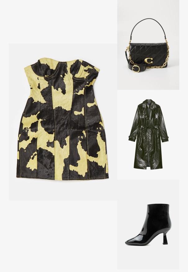 Abrigo trench de piel sintética verde largo con textura de cocodrilo, cintura ceñida, solapas anchas y mangas enrollables. Diseño elegante con acabado brillante.; Top corsé de estampado de vaca negro y amarillo, con costuras estructuradas, escote en forma de corazón y tejido suave y texturizado.; Botín negro de charol brillante con punta puntiaguda y tacón medio acampanado sobre fondo blanco.; Bolso de mano de cuero negro con diseño acolchado, una correa de cadena dorada y un prominente cierre dorado. Cuenta con una correa de cuero desmontable para mayor versatilidad.