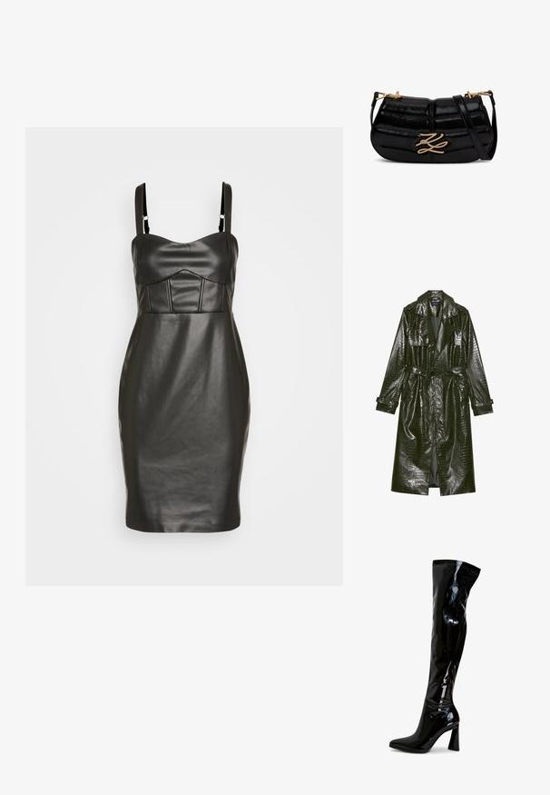 Abrigo trench de piel sintética verde largo con textura de cocodrilo, cintura ceñida, solapas anchas y mangas enrollables. Diseño elegante con acabado brillante.; Vestido de cuero sintético negro con una silueta ajustada, tirantes finos y un corsé estructurado y acolchado que presenta costuras verticales. Textura suave.; Botas hasta el muslo de charol negro con punta afilada, tacón cuadrado y textura lisa y brillante. No tienen herrajes visibles.; Bolso de hombro de cuero negro acolchado con logo "KZ" en tono dorado y correa ajustable, forma rectangular con bordes redondeados.