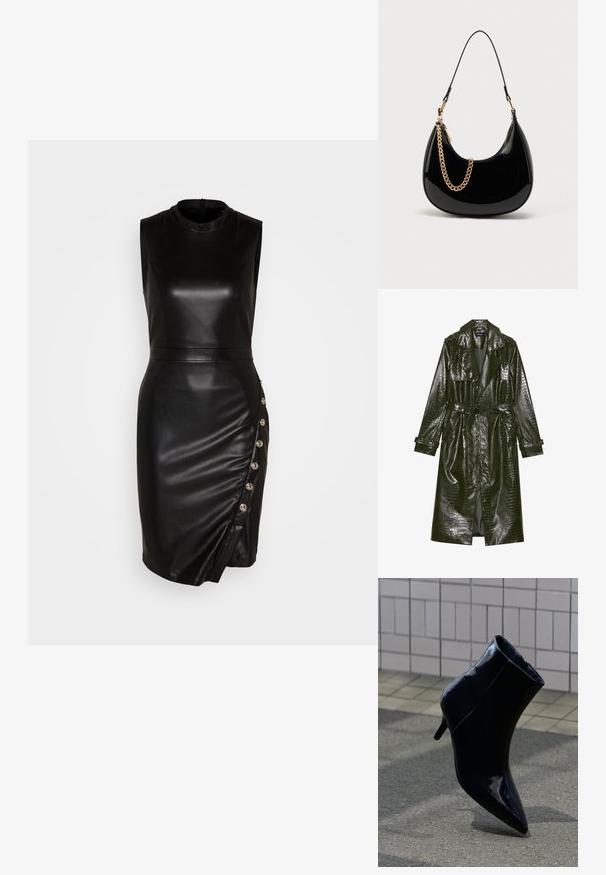 Lange groene neplederen trenchcoat met een krokodillenstructuur, een ceintuur in de taille, brede revers en opgerolde mouwen. Stijlvol design met glanzende afwerking.; Zwarte leren mouwloze jurk met een hoge halslijn, aansluitende silhouet, asymmetrische zoom en decoratieve knopen langs de zijnnaad.; Enkele zwarte laklederen enkellaars met een naaldhak, staand op een geplaveid oppervlak tegen een betegelde muur als achtergrond.; Zwarte handtas van lakleer met een gebogen vorm, dunne schouderriem en een gouden kettingdetail aan de voorkant. Gladde textuur, minimalistisch ontwerp.