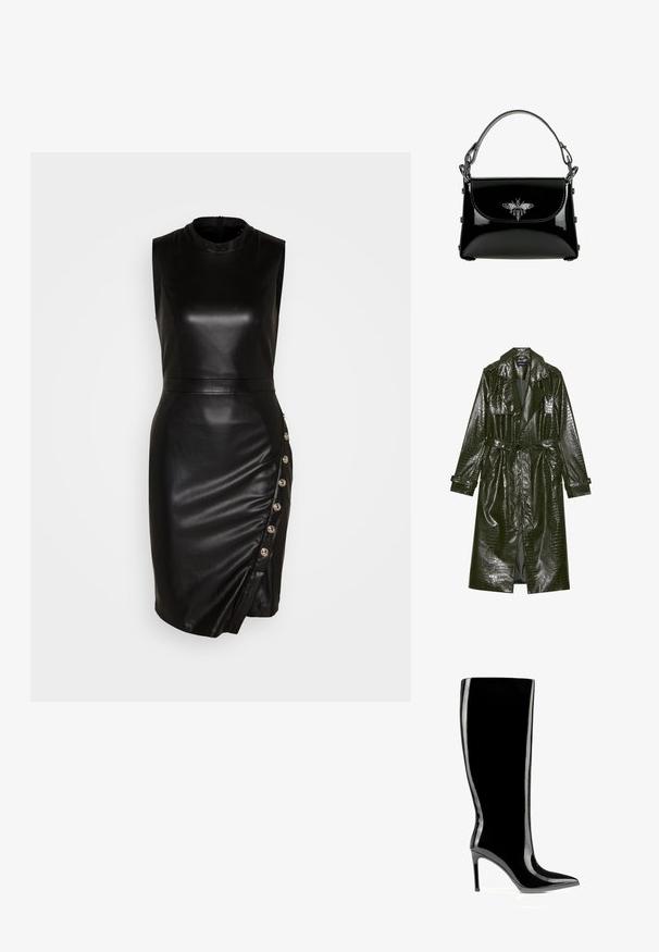 Langer grüner Kunstleder-Trenchcoat mit Krokodil-Prägung, taillierter Taille, breiten Revers und hochrollbaren Ärmeln. Stylisches Design mit glanzvollem Finish.; Schwarzes, ärmelloses Lederkleid mit hohem Kragen, taillierter Silhouette, asymmetrischem Saum und dekorativen Knöpfen entlang der Seitennaht.; Schwarzer kniehoher Stiefel aus Lackleder mit spitzer Zehenpartie und Stilettabsatz, schlanker und glänzender Oberfläche.; Schwarze Handtasche aus Lackleder mit einem oberen Griff und einer silbernen Bienenverzierung auf der Vorderklappe.