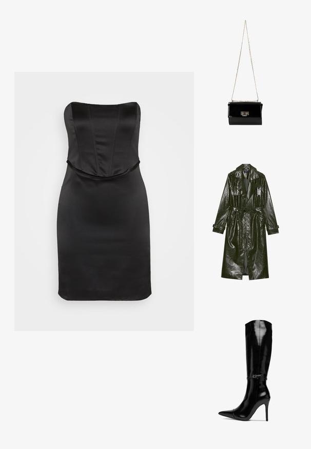 Pikk roheline kunstnahast trench coat krokodillimustriga, vöödiga taljes, laiad kraed ja üleskeeratavad varrukad. Stiliseeritud disain läikiva viimistlusega.; Gina Tricot CORSET DRESS - Kokteilikleit/peokleit - black; Knee-high musta lakknahkkingade saapad terava varba, kõrge stilettokontsa ja dekoratiivne rihm ümber pahkluu.; Must musta nahkaga käekott kuldse ahelaga rihmaga, ristkülikukujuline, esiküljel klapiga sulgemine ja metallist logo aksent.