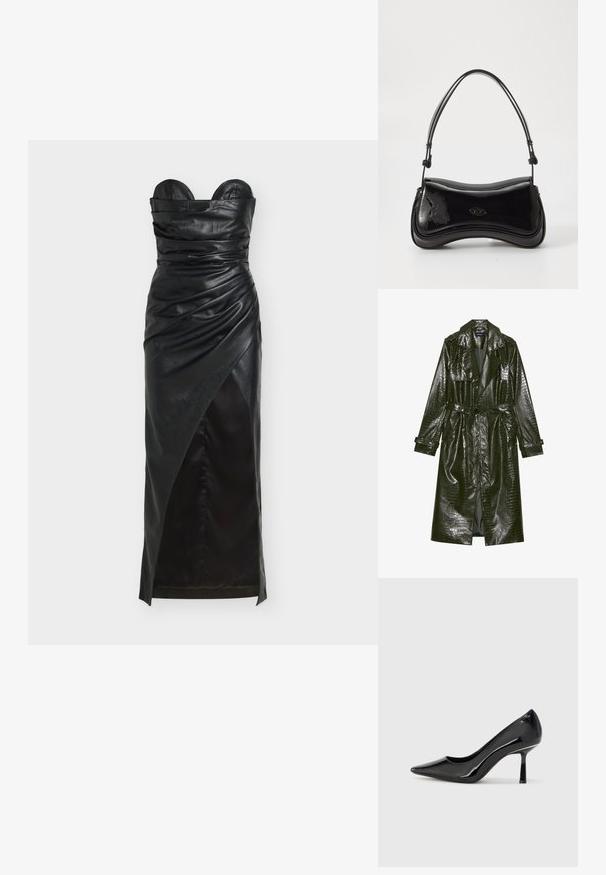Lang grøn faux læder trench coat med krokodille tekstur, bælte i taljen, brede klapper og op rullede ærmer. Stilfuldt design med glansfinishing.; Sort læder stropløs kjole med rynkede detaljer, asymmetrisk kant og glat tekstur. Har en struktureret overdel og elegant silhuet.; Sorte patenterede læderpumper med høje hæle, spids tå, slankt design og slank stilettohæle, som har en glat, blank tekstur.; Sort patentlæder håndtaske med en buet form, et enkelt håndtag og en rund bund. Har en subtil logo-detalje på forsiden.