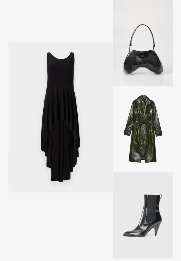 Lang grøn faux læder trench coat med krokodille tekstur, bælte i taljen, brede klapper og op rullede ærmer. Stilfuldt design med glansfinishing.; Sort ærmeløs kjole med en rund udskæring, der har en kaskade asymmetrisk kant og plisseret tekstur over det hele på overdelen.; Sort, blanklæder ankelstøvle med spids tå, elastisk sidepanel, pull-tab bagpå og en mid-højde konisk hæl.; Sort patentlæder håndtaske med en unik buet form, kort justerbar hank og en lynlåslukning i toppen. Glat tekstur med diskret branding.