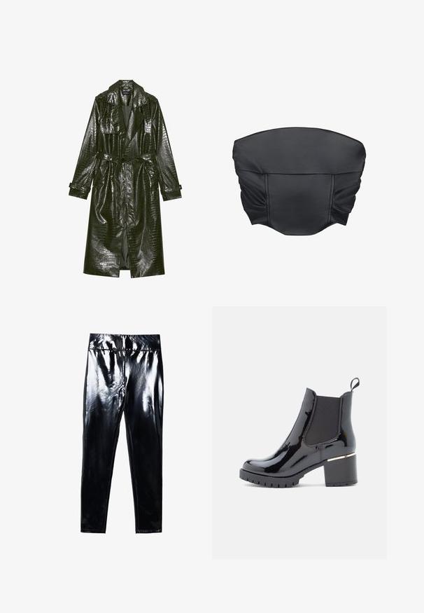 Pikk roheline kunstnahast trench coat krokodillimustriga, vöödiga taljes, laiad kraed ja üleskeeratavad varrukad. Stiliseeritud disain läikiva viimistlusega.; Must musta kunstnahast lühike topp, millel on kogutud tekstuur ja struktureeritud kuju, omades siledat pinda ja minimaalset õmblusdetailide arvu.; Mustad mustad läikedega leggings, mis omavad läikivat ja sujuvat pindala. Elastne vöökoht ja vormitud disain kitseneva jala kujuga.; Must musta nahkaina jõhvi kingad elastsete külgpaneelidega, ümarate varvastega ja paksu kontsaga, millel on kuldne aksentbänd.
