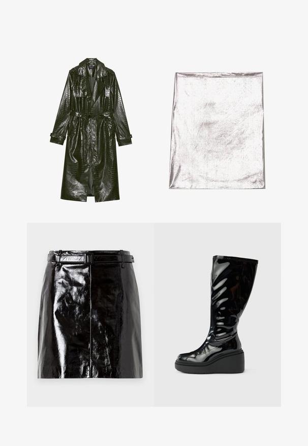 Langer grüner Kunstleder-Trenchcoat mit Krokodil-Prägung, taillierter Taille, breiten Revers und hochrollbaren Ärmeln. Stylisches Design mit glanzvollem Finish.; Metallisch silberner Stoff mit glatter Textur und leichtem Schimmer. Rechteckige Form, Kanten ordentlich genäht, keine auffälligen Muster oder Akzente.; Schwarzer, glänzender Leder-Minirock mit passendem Gürtel und zentralen Nahtdetails.; Schwarzer glänzender kniehoher Stiefel mit glatter Textur, abgerundetem Zehenbereich und dicker Plateau-Sohle. Verfügt über ein dezentes Wellendesign am Schaft.