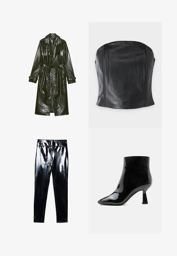 Lang grøn faux læder trench coat med krokodille tekstur, bælte i taljen, brede klapper og op rullede ærmer. Stilfuldt design med glansfinishing.; Sort læder strapless top med en tætsiddende pasform, glat tekstur og subtile sømme langs kroppen for et skræddersyet udseende.; Sorte højglans leggings med en blank, glat overflade. Elastisk talje og tætsiddende design med en indsnævret benform.; Sort blank laklæder ankelstøvle med spids tå og udvidet mellemhøj hæl på hvid baggrund.