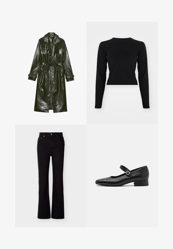 Pikk roheline kunstnahast trench coat krokodillimustriga, vöödiga taljes, laiad kraed ja üleskeeratavad varrukad. Stiliseeritud disain läikiva viimistlusega.; Must have pikka varrukatega must lühike topp, ümmargune kaelus. Sile tekstuur, minimalistlik disain, ilma nähtavate mustrite või metalldetailideta.; Mustad teksarest laienevad püksid kõrge vöökohaga, millel on viis taskut ja metallist nööpkinnitusega sulgur. Siledapinnaline, sirge lõige põlvest allapoole.; Mustat nahast Mary Jane kingad, millel on patendist varvas, reguleeritav pahkluu rihm ja madal plokktald. Sile tekstuur ja stiilne disain.