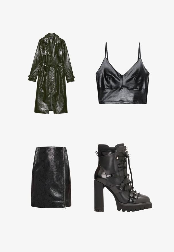 Pikk roheline kunstnahast trench coat krokodillimustriga, vöödiga taljes, laiad kraed ja üleskeeratavad varrukad. Stiliseeritud disain läikiva viimistlusega.; Must musta bralette, millel on õhukesed reguleeritavad rihmad, V-kujulise kaelus, sile tekstuur ja diskreetne kogumine dekoltee piirkonnas, et anda kuju.; Mustmust mustrükk, millel on läikiv viimistlus, küljevetti ja reljeefne maoskiinimuster.; Mustad mustsaainaga, millel on kõrge plokknik, segades siledat ja tekstureeritud nahka, nöörimisega esiosa ning hõbedase viimistlusega aksessuaare.