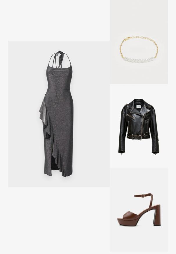 Chaqueta de moto corta de piel negra con costuras en contraste, bolsillos con cremallera y cintura con cinturón. Presenta solapas anchas y acentos de hardware en plata.; Un vestido negro metálico de longitud media que presenta tirantes finos, detalles con volantes en el costado y una abertura para un mayor movimiento.; Sandalia de plataforma de cuero marrón con tacón alto grueso, puntera abierta y correa ajustable en el tobillo con hebilla dorada, mostrada de lado.; Pulsera de cadena de oro con perlas blancas, con un diseño de eslabones delicados y un cierre para una sujeción segura. Las perlas son de forma regular.