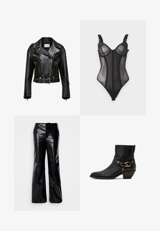 Chaqueta de moto corta de piel negra con costuras en contraste, bolsillos con cremallera y cintura con cinturón. Presenta solapas anchas y acentos de hardware en plata.; Body de malla negra transparente con copas con aro, tirantes ajustables con herrajes dorados y costuras verticales estructuradas para moldear.; Pantalones de pierna ancha de cuero sintético negro con acabado brillante, que cuentan con cremallera frontal y trabillas para cinturón para un ajuste ajustable.; Bota de tobillo de cuero negro con tacón bajo en forma de bloque inclinado, punta puntiaguda y hebilla decorativa de tono dorado con remaches en la correa lateral.