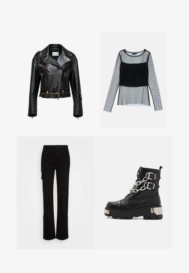 Veste de moto en cuir noir, courte, avec des coutures contrastées, des poches zippées et une taille ceinturée. Comprend de larges revers et des accents en métal argenté.; Haut à manches longues en mesh noir, doté d'un corsage froncé ajusté avec un revêtement texturé, un col rond et des manches transparentes.; Nicki Studios STRAIGHT POCKET PANTS - Pantalon cargo - black; Koi Footwear SHACKLED SHADOWS HEAVY DUTY CHAIN - Bottines de cowboy / motard - black