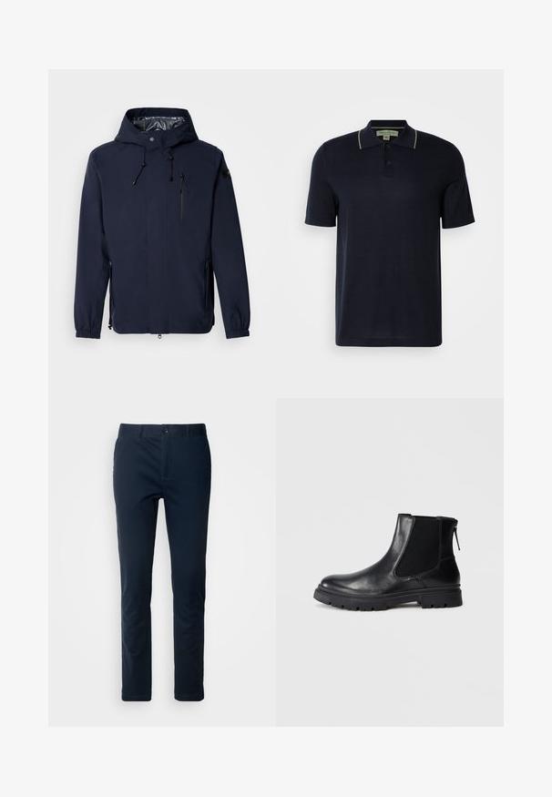 Veste imperméable bleu marine avec capuche, cordons réglables, poche poitrine zippée et poignets élastiques. Tissu lisse et léger.; Polo shirt bleu marine à manches courtes avec deux boutons et un subtil bord beige sur le col, présenté sur un fond clair uni.; Chinos bleu marine en tissu tissé, dotés d'une fermeture à boutons à l'avant, de passants de ceinture et d'une coupe droite au style minimaliste.; Bottine en cuir noir avec une finition lisse, des panneaux latéraux en maille élastique et une semelle robuste avec un motif de crampons visible.