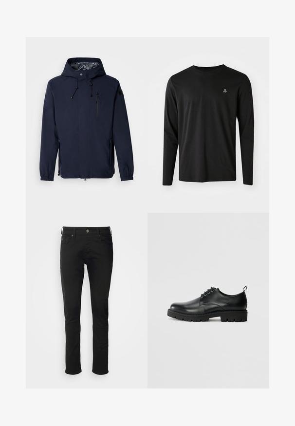 Veste imperméable bleu marine avec capuche, cordons réglables, poche poitrine zippée et poignets élastiques. Tissu lisse et léger.; T-shirt noir à manches longues en coton, avec un col rond et un petit logo blanc sur la partie gauche de la poitrine. Design simple.; Jean en coton noir avec une coupe droite, doté d'une fermeture à bouton à l'avant, de passants de ceinture et de poches standard avec une texture lisse.; Chaussure en cuir noir à bout arrondi, présentant un design à lacets, une semelle en caoutchouc noire robuste et un petit onglet de talon à l'arrière.