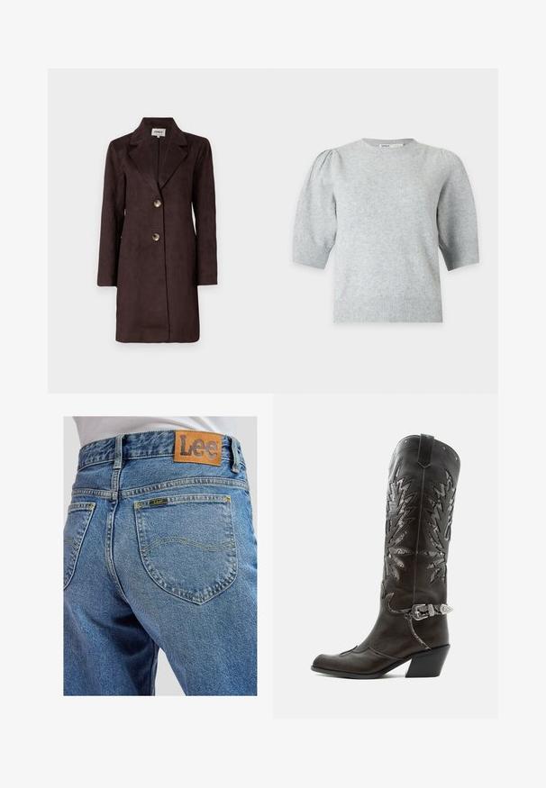 Manteau long en daim marron avec un col à revers, deux grands boutons et une silhouette droite. Texture lisse avec un design minimaliste.; Pull court en maille gris clair avec épaules bouffantes, poignets et ourlet côtelés, encolure ronde, vue de face.; Jean bleu en denim avec poches arrière présentant des surpiqûres jaunes et une écusson en cuir marron de la marque Lee sur la ceinture.; Botte de cowboy en cuir noir avec découpes décoratives, boucle argentée et talon incliné, présentée sur fond blanc.