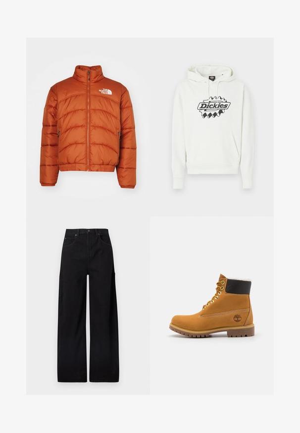 Doudoune orange, avec un col montant, une fermeture éclair, des motifs cousus et un logo sur la poitrine gauche. Deux poches latérales.; Sweat à capuche blanc avec un grand logo noir "Dickies", doté d'une capuche à cordon, d'une poche kangourou et de poignets et ourlet côtelés. Texture douce.; Pantalon large noir en denim de coton, doté d'une taille haute, de deux poches avant et d'une poche cargo latérale pour plus de fonctionnalité.; Bottine en cuir brun avec œillets en métal, doublure en fourrure blanche, col rembourré noir, semelle robuste et logo en relief sur le côté.