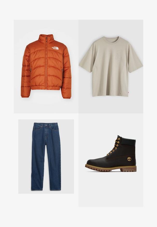 Doudoune orange, avec un col montant, une fermeture éclair, des motifs cousus et un logo sur la poitrine gauche. Deux poches latérales.; T-shirt beige oversize en coton à manches courtes avec col rond et logo discret en relief sur la poitrine, présenté sur un fond neutre.; Jean en denim bleu foncé avec une coupe droite, comprenant un design à cinq poches, un bouton supérieur et des rivets en cuivre.; Bottine noire en cuir avec œillets dorés, accents marron et semelle en caoutchouc. Comprend un col rembourré et un logo estampé sur le côté.