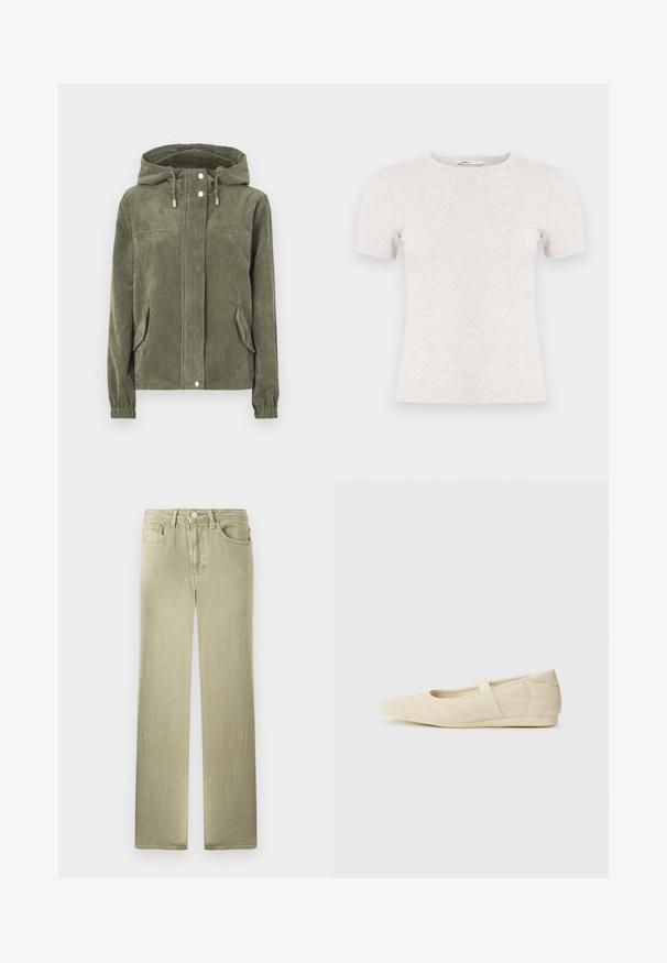 Chaqueta de pana verde con capucha, que presenta un cierre frontal completo, cordones ajustables, dos bolsillos laterales y puños acanalados.; Camiseta de manga corta gris claro hecha de tela acanalada con cuello redondo. Diseño sencillo, textura suave, sin patrones ni detalles visibles.; Vaqueros beige de pierna recta con bolsillos delanteros y traseros, cierre de botón y cremallera, mostrados sobre un fondo blanco.; Bailarinas beige con un exterior de cuero liso, punta en forma de almendra y una correa elástica en el empeine, con detalles de costura sutiles.