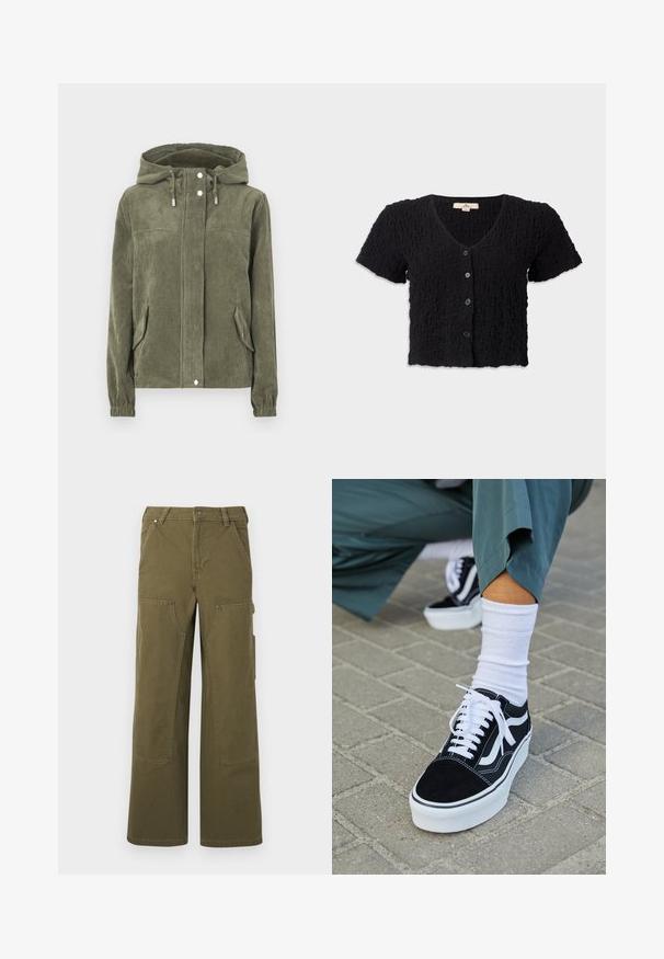 Chaqueta de pana verde con capucha, que presenta un cierre frontal completo, cordones ajustables, dos bolsillos laterales y puños acanalados.; Cárdigan negro corto con mangas cortas, tela texturizada, escote en V profundo, cierre de cinco botones y dobladillo ondulado.; Pantalones cargo en verde oliva, fabricados en un material duradero, con piernas anchas, múltiples bolsillos y detalles metálicos para mayor funcionalidad.; Zapatillas de ante negro con acentos y cordones blancos, que cuentan con una gruesa suela blanca y costuras en contraste, combinadas con un calcetín blanco.