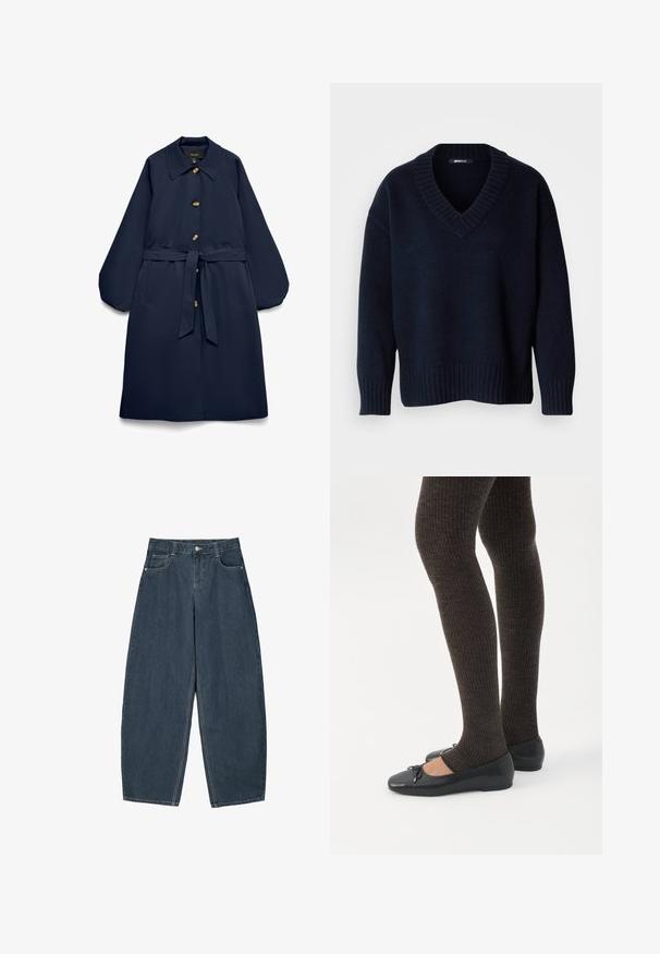 Manteau long bleu marine avec de grands boutons, taille ceinturée, col large, poches latérales inclinées et manches longues bouffantes.; Pull bleu marine foncé à col en V avec manches longues et poignets et ourlet côtelés, présenté sur un fond uni.; Jeans en denim bleu foncé à jambes larges avec une taille haute, dotés de cinq poches et de détails de couture visibles. Design épuré et minimal.; Jambes portant des leggings côtelés foncés associés à des ballerines noires avec de petits détails en nœud sur fond blanc.