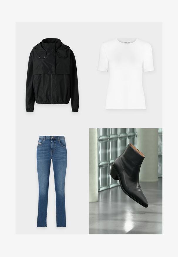 Zwarte windbreakerjack met hoge kraag, ritssluiting aan de voorkant, elastische manchetten en een cropped ontwerp. Soepele, lichte stof zonder patronen.; Wit T-shirt met korte mouwen en een ronde hals, een slanke pasvorm en geribbelde stof, weergegeven op een effen lichtgrijze achtergrond.; Blauwe denim jeans met een rechte snit, vijf zakken, knoopsluiting en subtiele vervaging. Glad textuur en schone zoom.; Zwarte leren enkellaars met een spitse neus en blokhak die zweeft boven een reflecterende grijze vloer nabij een glazen blokmuur.