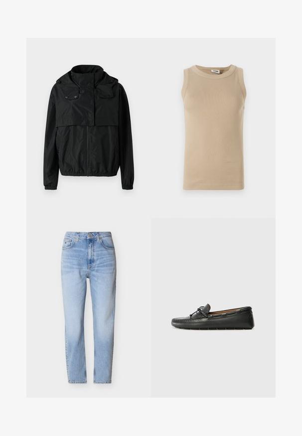 Schwarze Windbreaker-Jacke mit hohem Kragen, vorderem Reißverschluss, elastischen Bündchen und einem cropped Design. Glattes, leichtes Material ohne Muster.; Beige ärmelloses Top aus geripptem Stoff mit rundem Ausschnitt, das über eine tonale Nahtführung und eine taillierte Passform verfügt.; Hellblaue Jeans mit hoher Taille und geradem Beinverlauf, Vorderknopf und Reißverschluss sowie Fünf-Taschen-Stil auf weißem Hintergrund.; Schwarze Lederbootsschuhe mit rundem Zehenbereich, gestickten Details, kleinem Schleifenakzent und Gummisohle. Glatte Textur und schlankes Design.