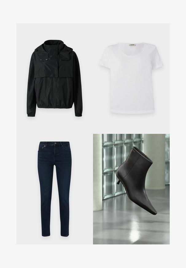 Zwarte windbreakerjack met hoge kraag, ritssluiting aan de voorkant, elastische manchetten en een cropped ontwerp. Soepele, lichte stof zonder patronen.; Witte t-shirt met korte mouwen, gemaakt van zachte stof, met een ronde halslijn en een rechte zoom zonder zichtbare patronen of accenten.; Donkerblauwe denim jeans met een smalle pasvorm, voorzien van een vijf-pocketontwerp, een knoopsluiting en subtiele stikseldetails. Gladde textuur overal.; Zwarte leren enkellaars met puntige neus en lage hak, afgebeeld tegen een glazen blokkenmuur en gepolijste vloer op de achtergrond.