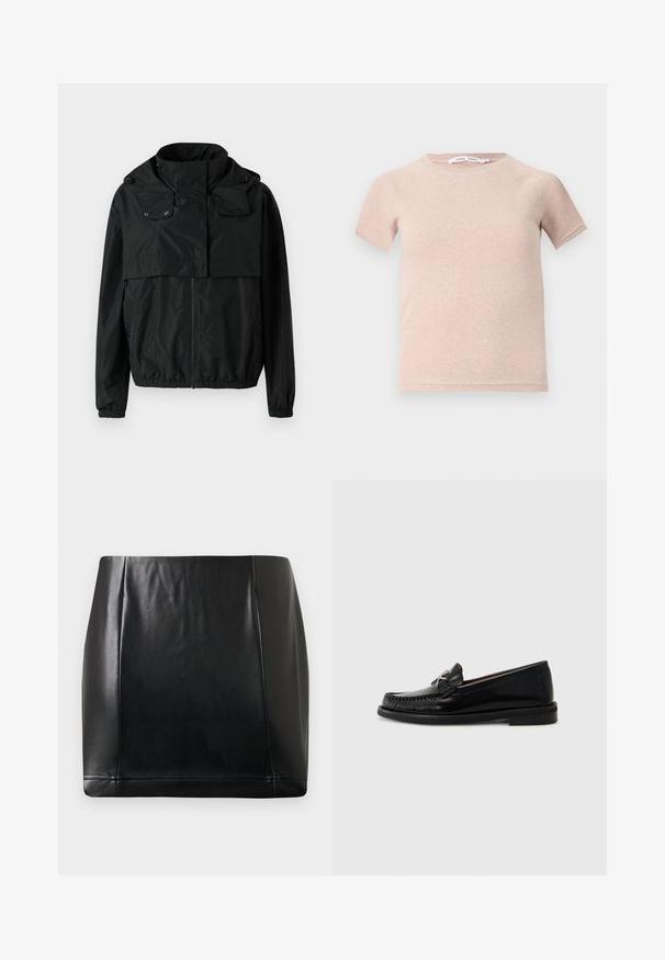 Schwarze Windbreaker-Jacke mit hohem Kragen, vorderem Reißverschluss, elastischen Bündchen und einem cropped Design. Glattes, leichtes Material ohne Muster.; Helles pinkes T-Shirt mit kurzen Ärmeln aus Rippstoff, mit Rundhalsausschnitt und lockerer Passform. Einfaches und nahtloses Design.; Schwarzer Kunstleder-Minirock mit Frontpaneel-Nähten und leichtem Glanz, flach auf einem neutralen Hintergrund ausgelegt.; Schwarze Lederloafers mit einem Mokassin-Design, das mit einer genähten Zehenpartie und einem kleinen metallischen Akzent an der Seite versehen ist. Flache Gummisohle.