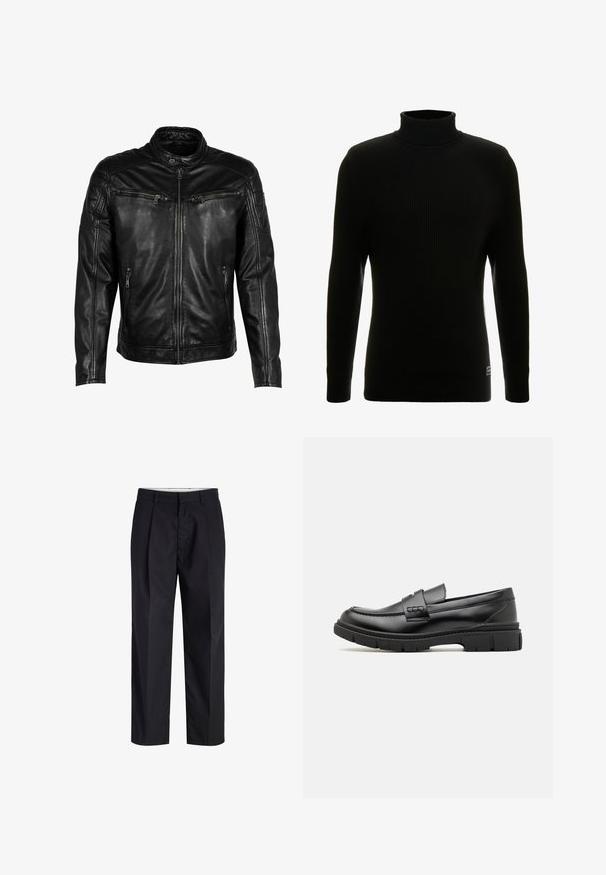 Chaqueta de cuero negra con cuello alzado, cierre frontal y cuatro bolsillos con cremallera. Presenta detalles acolchados en los hombros y un acabado suave.; Suéter negro de cuello alto con mangas largas, textura acanalada, silueta ajustada y pequeña etiqueta de la marca en la parte inferior izquierda.; Pantalones negros de tiro recto con cinturilla, trabillas, cremallera frontal y bolsillos laterales mostrados sobre un fondo blanco.; Mocasin de cuero negro con una cinta ancha en el empeine, suela de goma con tacos gruesos y textura suave. Diseño clásico y elegante.