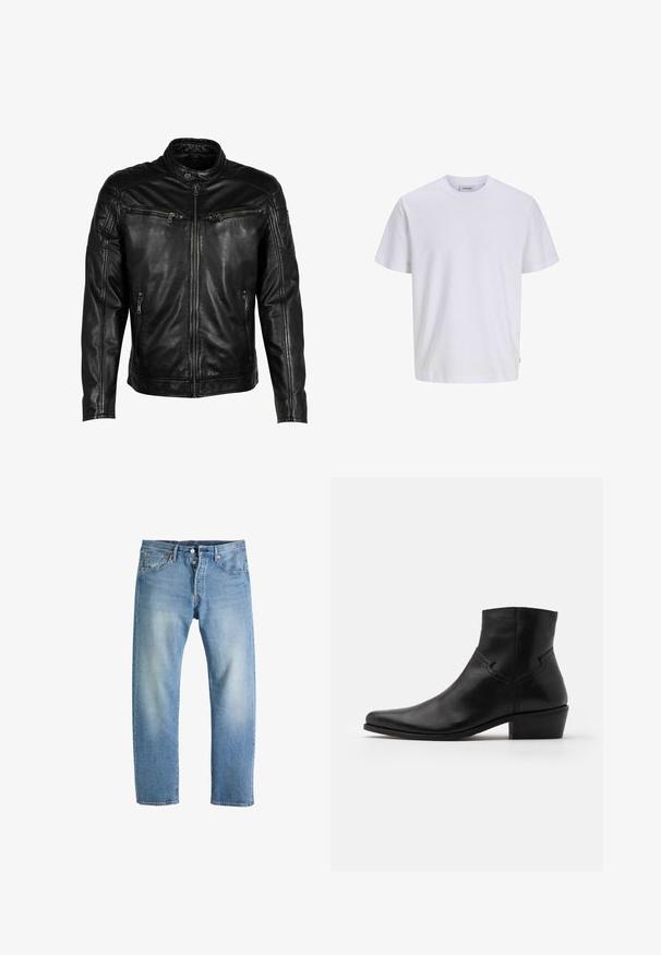 Chaqueta de cuero negra con cuello alzado, cierre frontal y cuatro bolsillos con cremallera. Presenta detalles acolchados en los hombros y un acabado suave.; Camiseta blanca lisa de manga corta y cuello redondo, con dobladillo recto, mostrada sobre un fondo blanco.; Vaqueros de mezclilla azul claro con corte recto en las piernas, con bragueta de botones, cinco bolsillos y un sutil desgaste en los muslos y las rodillas.; Botín negro de cuero hasta el tobillo con puntera afilada, detalles de costura mínimos, tacón de bloque de altura media y un acabado suave y pulido.