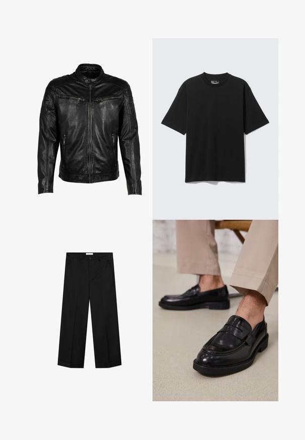 Chaqueta de cuero negra con cuello alzado, cierre frontal y cuatro bolsillos con cremallera. Presenta detalles acolchados en los hombros y un acabado suave.; Camiseta negra de manga corta, ajuste relajado y cuello redondo, mostrada plana sobre fondo gris claro.; Pantalones negros de pierna ancha hechos de un material liso, con bolsillos delanteros, cierre de botón y una plancha a lo largo de cada pierna.; Mocasines de cuero negro con un acabado suave, que cuentan con una correa decorativa y costuras en contraste, combinados con pantalones beiges.