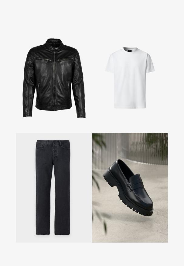 Chaqueta de cuero negra con cuello alzado, cierre frontal y cuatro bolsillos con cremallera. Presenta detalles acolchados en los hombros y un acabado suave.; Camiseta blanca lisa de manga corta y cuello redondo, mostrada sobre un fondo blanco, vista frontal con etiqueta de marca visible en el interior del cuello.; Vaqueros de mezclilla negra con corte recto, cinco bolsillos, pasadores para cinturón y detalles de costura mínimos. Fabricados con una suave tela de algodón texturizada.; Mocasines de cuero negro con suela gruesa, que presentan una correa decorativa y detalles de costura. Textura suave con un acabado pulido.