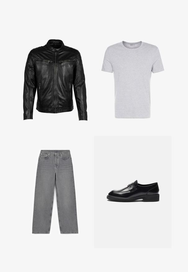 Chaqueta de cuero negra con cuello alzado, cierre frontal y cuatro bolsillos con cremallera. Presenta detalles acolchados en los hombros y un acabado suave.; Camiseta de algodón gris con cuello redondo, mangas cortas y un diseño liso, que presenta una textura suave y lisa, sin patrones ni adornos visibles.; Pantalones vaqueros de pernera ancha en color gris, fabricados en denim, con un diseño clásico de cinco bolsillos, cierre de botón metálico y un sutil detalle de costura.; Zign by Zalando LEATHER - Mocasines elegantes - black