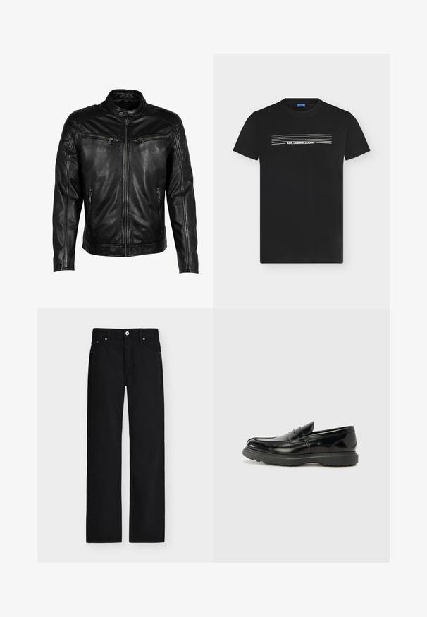 Chaqueta de cuero negra con cuello alzado, cierre frontal y cuatro bolsillos con cremallera. Presenta detalles acolchados en los hombros y un acabado suave.; Camiseta negra de manga corta con líneas horizontales blancas y texto "KARL LAGERFELD JEANS" centrado en el pecho.; Vaqueros negros de pierna recta con cierre de botones, trabillas para cinturón y bolsillos delanteros y traseros, mostrados sobre un fondo claro.; Mocasín de cuero negro con un acabado brillante, punta redondeada, detalles de costura sutiles y una suela de goma gruesa para mayor durabilidad.