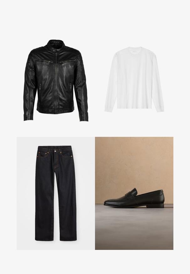 Chaqueta de cuero negra con cuello alzado, cierre frontal y cuatro bolsillos con cremallera. Presenta detalles acolchados en los hombros y un acabado suave.; Camiseta blanca de algodón de manga larga con cuello redondo, con puños acanalados y dobladillo recto, textura suave y diseño minimalista.; Jeans de mezclilla negros de pierna recta para hombre, con cinco bolsillos y costuras en color naranja, cierre de botón y cremallera en la parte delantera de la cintura.; Zapato mocasín de cuero negro suspendido en el aire sobre una alfombra beige con un sofá beige de fondo.