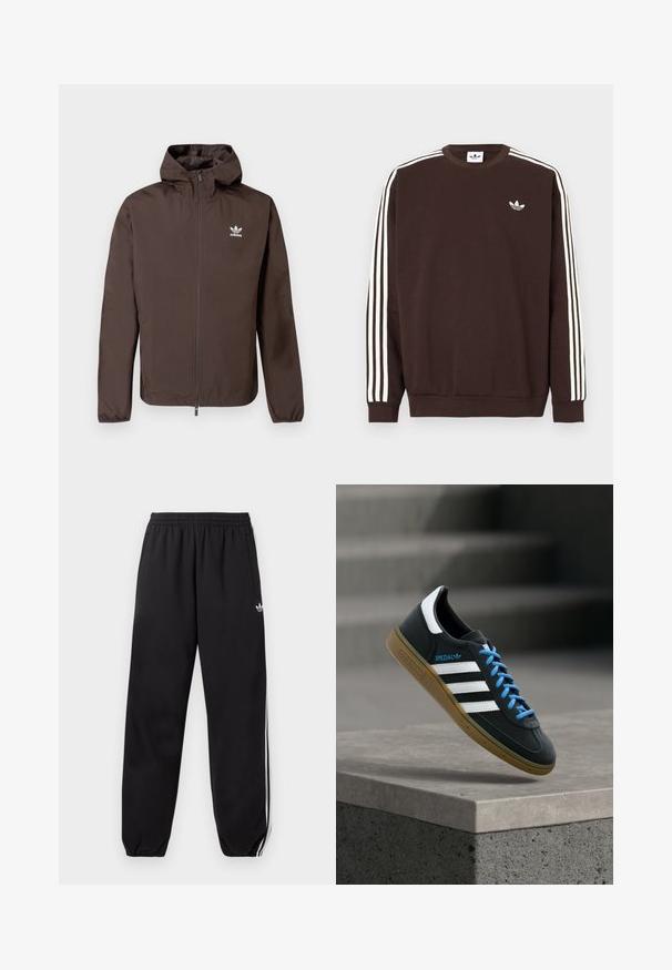 Hnědá kapucí zdobená bunda z lehkého materiálu. Disponuje zipem na celé délce a bílým logem Adidas na levé straně hrudi. Jemná textura.; Tmavě hnědá mikina Adidas s bílými třemi pruhy podél rukávů a bílým logem Adidas trefoil na hrudi.; Černé teplákové kalhoty Adidas s bílými bočními pruhy, elastickým pasem a manžetami u kotníků, s malým logem na horní části stehna.; Černý teniska Adidas s bílými pruhy, modrými tkaničkami a gumovou podrážkou, která plave nad šedým betonovým schodem v měkkém světle.