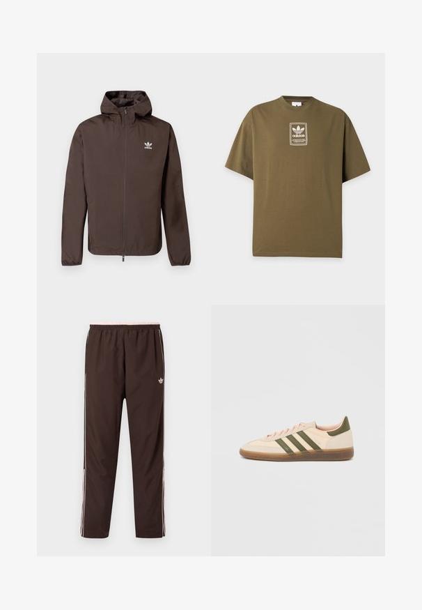 Hnědá kapucí zdobená bunda z lehkého materiálu. Disponuje zipem na celé délce a bílým logem Adidas na levé straně hrudi. Jemná textura.; Olivově zelené tričko Adidas s malým bílým logem a textovou nášivkou uprostřed na hrudi na jednobarevném světle pozadí.; Hnědé tepláky s elastickým pasem, zdobené růžovými detaily a bílými pruhy po stranách. Vyrobené z hladké, lehké látky.; Nízkoprofilová béžová teniska Adidas Spezial se zelenými pruhy, gumovou podrážkou a nápisem „SPEZIAL“ na boku, zobrazená z vnější strany.