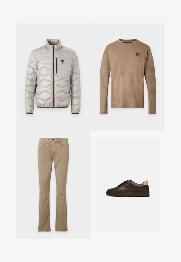 Veste matelassée légère gris clair avec col montant, fermeture éclair intégrale à l'avant, poche poitrine zippée et poches latérales, poignets et ourlet élastiqués.; T-shirt beige à manches longues avec un col rond, avec un petit patch logo carré noir sur la partie gauche de la poitrine, sur un fond uni.; Jeans beige à jambes droites avec poches avant, passants de ceinture et fermeture par bouton, présenté sur fond blanc.; Baskets en cuir marron foncé à profil bas avec une semelle rainurée et une languette beige clair au talon, vues de côté sur fond blanc.