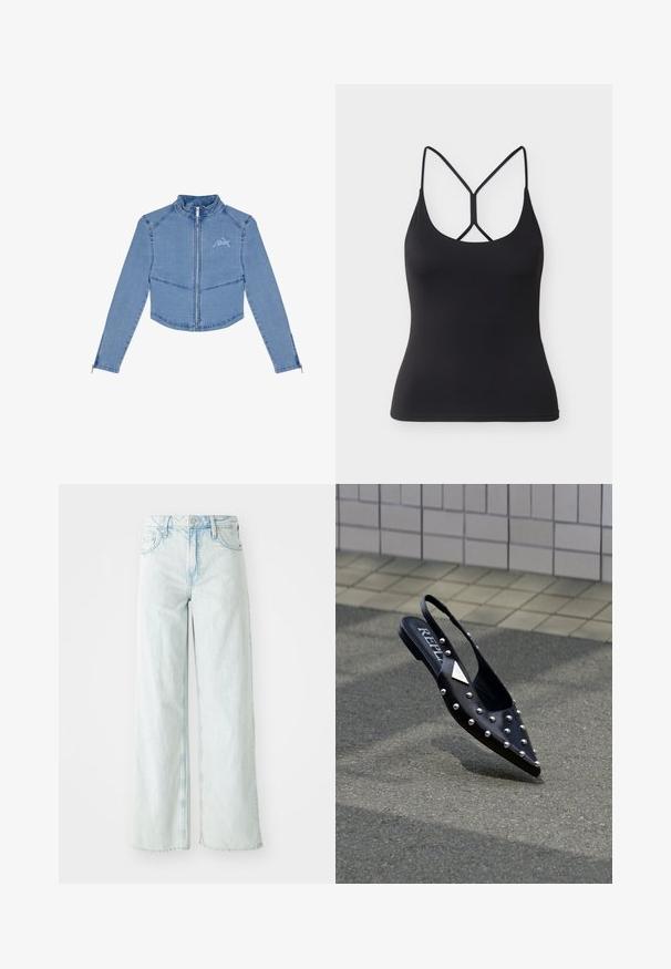 Lühendatud sinepikollane denimjakk, millel on pikad varrukad, lukuga eesmine osa, kõrge krae ja broderi logo vasakul rinnal.; Must hall top, mille kitsad rihmad ja ainulaadne kõmpskruvi disain seljal, helehallil taustal.; Heledsinine, kõrge vöökoht ja laiad teksapüksid denimpinnast. Omab viit taskut ja nupukinnitust. Kulunud tekstuur reitel.; Mustast siledast materjalist punutisega terav nina, millel on hõbedased naelad, lame tallaga ja jalatsi sisse pressitud logo.