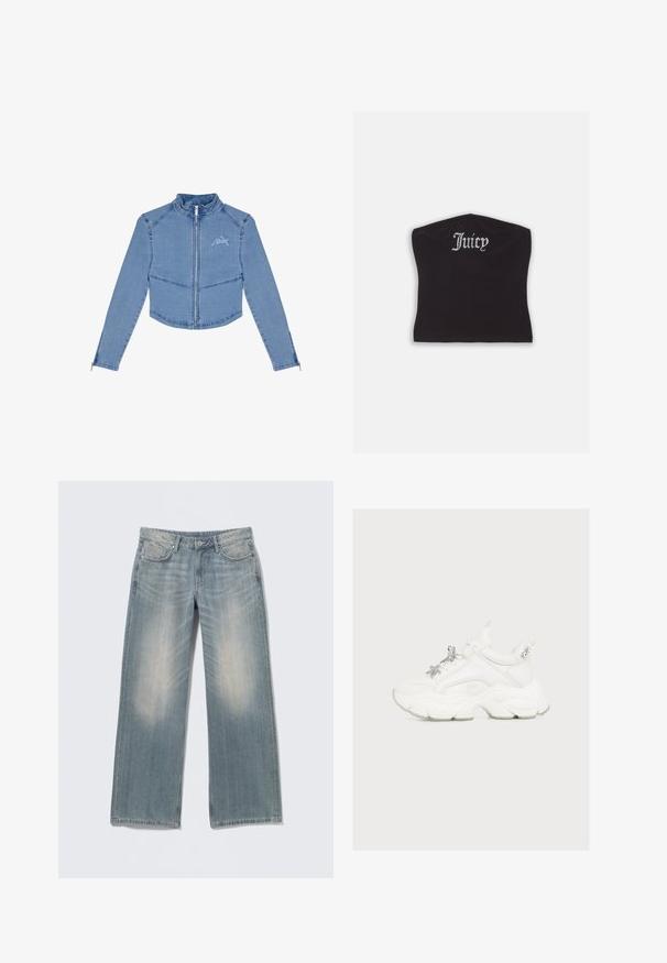 Lühendatud sinepikollane denimjakk, millel on pikad varrukad, lukuga eesmine osa, kõrge krae ja broderi logo vasakul rinnal.; Must hakkidega crop top musta värvi, millel on sile tekstuur ja kaarjas kaelus, kaunistatud rhinestone-tähega sõnaga "Juicy" ees.; Helesinised laiade säärtega teksad tuhmunud viimistlusega, valmistatud teksariidest. Omavad vööaasasid, esimesi taskuid ning eesmist tõmblukku koos nööpkinnitusega.; Valged massiivsed tossud dekoratiivse hõbedase tähe ja kalliskivi ripatsitega paeladel ja kannaosas ühevärvilise heleda taustaga.