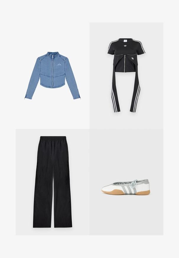 Lühendatud sinepikollane denimjakk, millel on pikad varrukad, lukuga eesmine osa, kõrge krae ja broderi logo vasakul rinnal.; Must lühikeste varrukatega pluus, mille varruka külgedel on valged Adidas triibud, ees lukk ja pikendatud kangast detailid, millel on kolm valget triipu.; Mustad laiad püksid elastse vöökoha ja kerge kangaga, laotatud lahtiselt helel taustal.; Valged ja hallid baleriinakingad ümara varbaga ja elastse paelaga, millel on kolm halli triipu ning beež kummist tald.