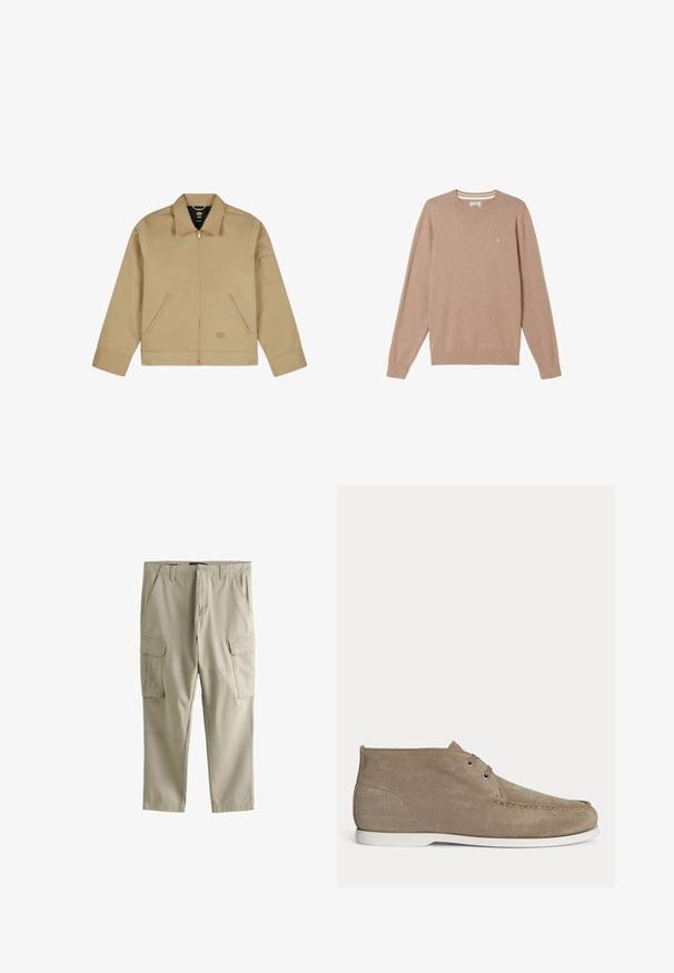 Beige, leichte Jacke mit Kragen, Reißverschluss vorne, zwei seitlichen Taschen und einem Aufnäher am linken Ärmel. Glattes, strapazierfähiges Material mit einer strukturierten Gestaltung.; Beiger Pullover mit Rundhalsausschnitt und langen Ärmeln, gerippte Bündchen und Saum, kleines gesticktes Logo auf der linken Brust, flach auf weißem Hintergrund liegend.; Beige Cargo-Hosen aus robustem Material, mit mehreren Seitentaschen, einem Knopfverschluss und genähten Details für zusätzliche Textur.; Hellbrauner Wildleder-Schnürschuh knöchelhoch mit weißer Sohle, sichtbaren Nähten im Zehenbereich und zwei Metallösen an der Außenseite.