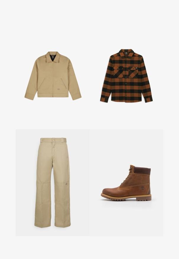 Beige, leichte Jacke mit Kragen, Reißverschluss vorne, zwei seitlichen Taschen und einem Aufnäher am linken Ärmel. Glattes, strapazierfähiges Material mit einer strukturierten Gestaltung.; Langärmliges Hemd im orange-schwarz karierten Muster, aus einem strukturierten Stoff gefertigt. Verfügt über zwei Brusttaschen und eine geknöpfte Vorderseite.; Beige, weit geschnittene Hosen aus robustem Stoff, mit hoher Taille, sichtbaren Nähten und einem kleinen Logopatch an der Seite.; Braune Lederwanderschuhe mit glatter Oberfläche, gepolstertem Knöchel, Metallösen und einer Gummisohle mit robustem Profil.