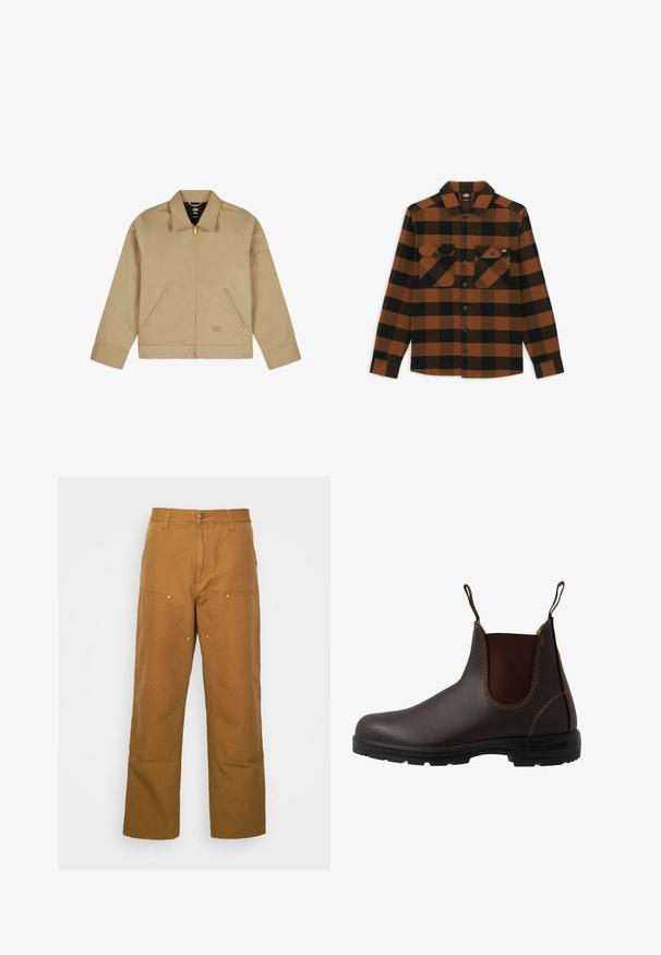 Chaqueta ligera tan con cuello, cierre frontal de cremallera, dos bolsillos laterales y un parche en el brazo izquierdo. Tejido suave y duradero con un diseño estructurado.; Camisa de manga larga en un patrón de cuadros naranja y negro, hecha de una tela texturizada. Presenta dos bolsillos en el pecho y cierre frontal con botones.; Pantalones utilitarios de algodón marrón con un diseño de pierna recta, que cuentan con bolsillos frontales y acentos de metal para mayor durabilidad.; Bota Chelsea de cuero marrón con panel elástico lateral, costuras marrones, tiradores y suela de goma resistente con un patrón texturizado.