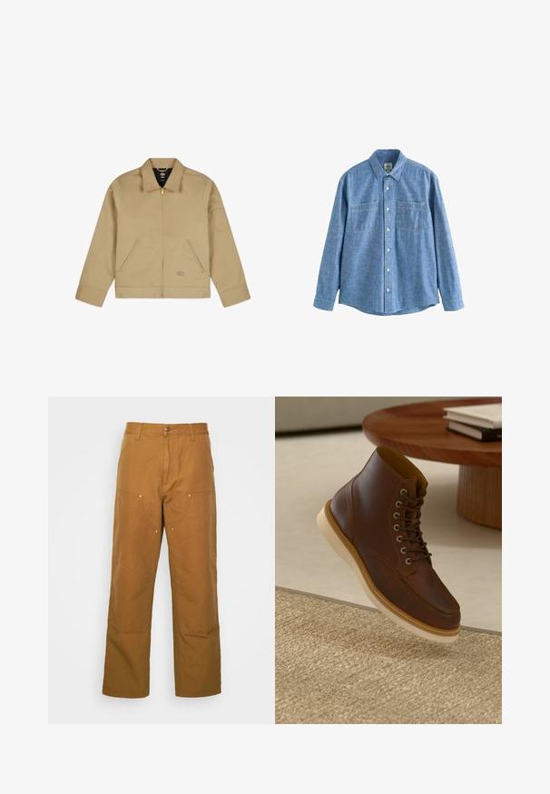 Lichte tan jas met kraag, ritssluiting aan de voorkant, twee zijzakken en een patch op de linkerarm. Glad, duurzaam materiaal met een gestructureerd ontwerp.; Blauw chambray overhemd met lange mouwen, knoopsluiting aan de voorkant en twee borstzakken, plat gelegd op een witte achtergrond.; Bruine katoenen utility broeken met een rechte pijpdesign, voorzien van voorzakken en metalen hardware accenten voor extra duurzaamheid.; Bruine leren enkelboot met beige zool op een gestructureerd beige vloerkleed naast een ronde houten tafel met opgestapelde boeken.